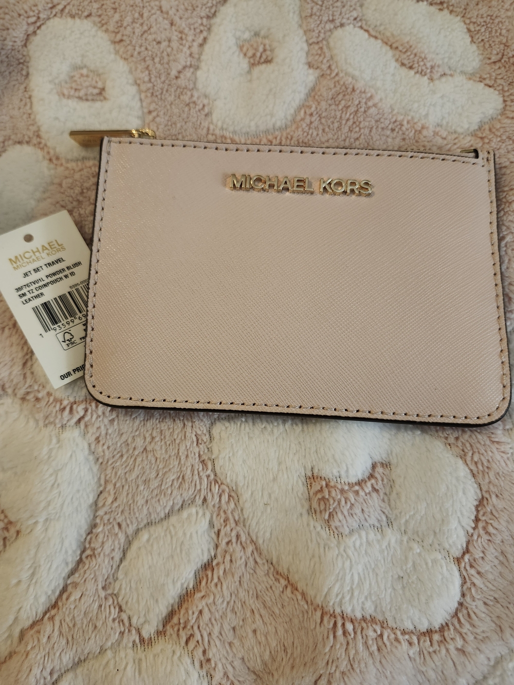 New Michael Kors Powder Blush CoinPouch Gold Zip W ID Card Case Leather